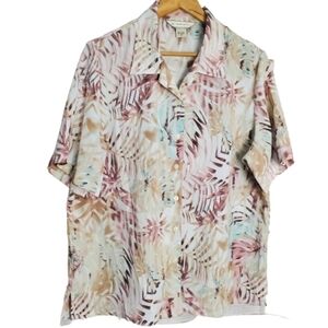 Vintage 90s Allison Daley Beige Pastel Palm Leaves Beach Button Down Blouse 16